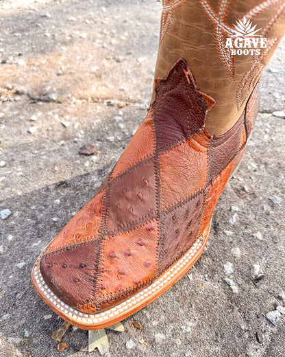Cowboy Boot Ostrich Patchwork Brown