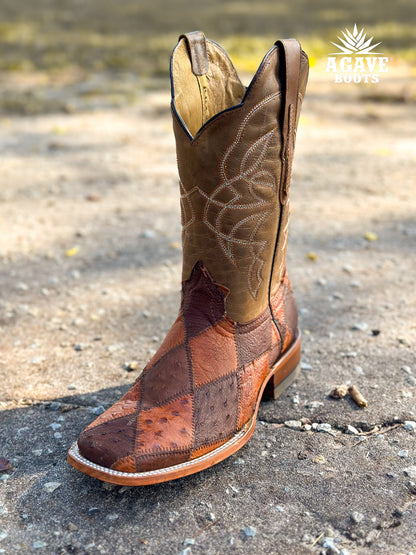 Cowboy Boot Ostrich Patchwork Brown