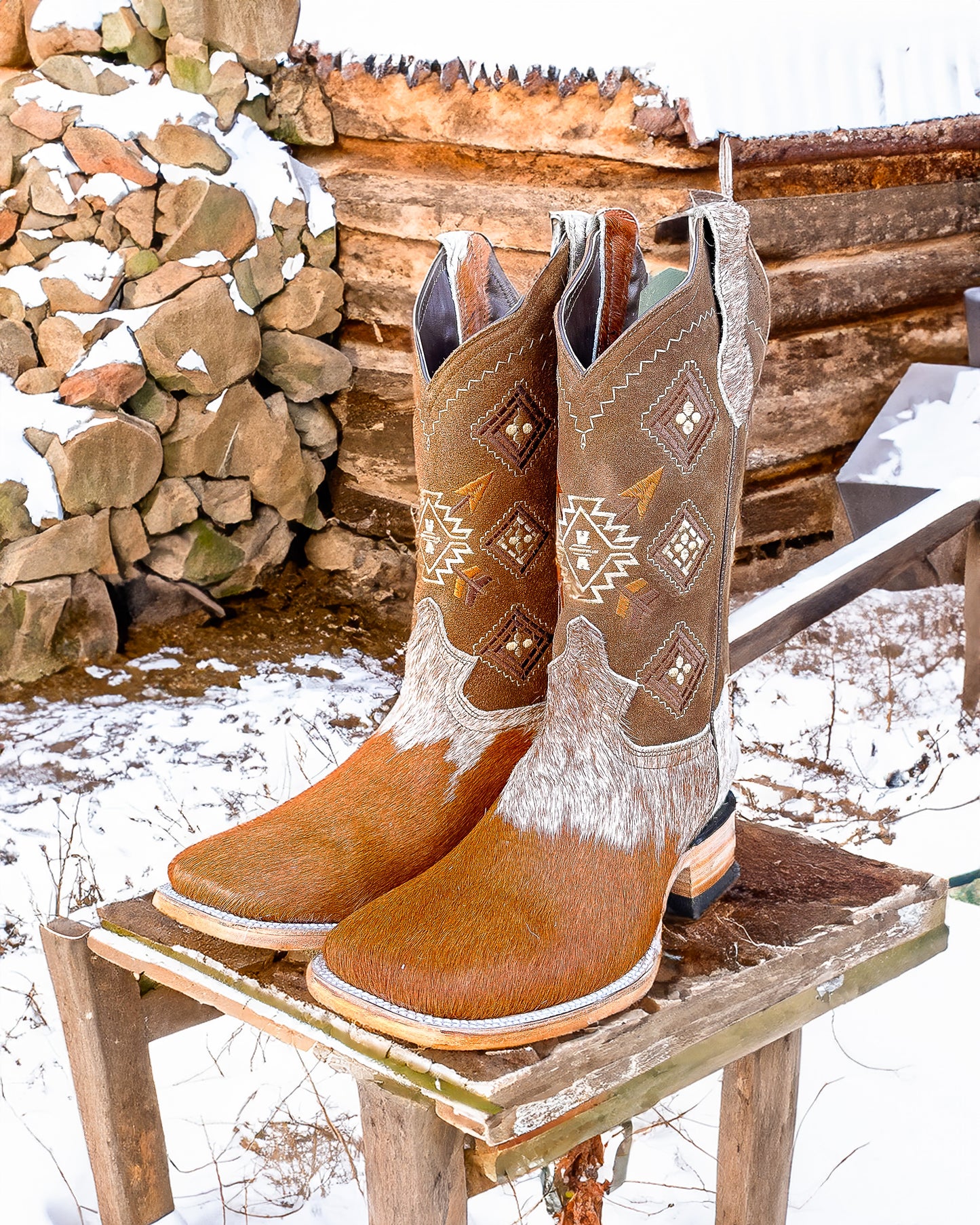 BROWN COWHIDE AZTEC | MEN SQUARE TOE WESTERN COWBOY BOOTS