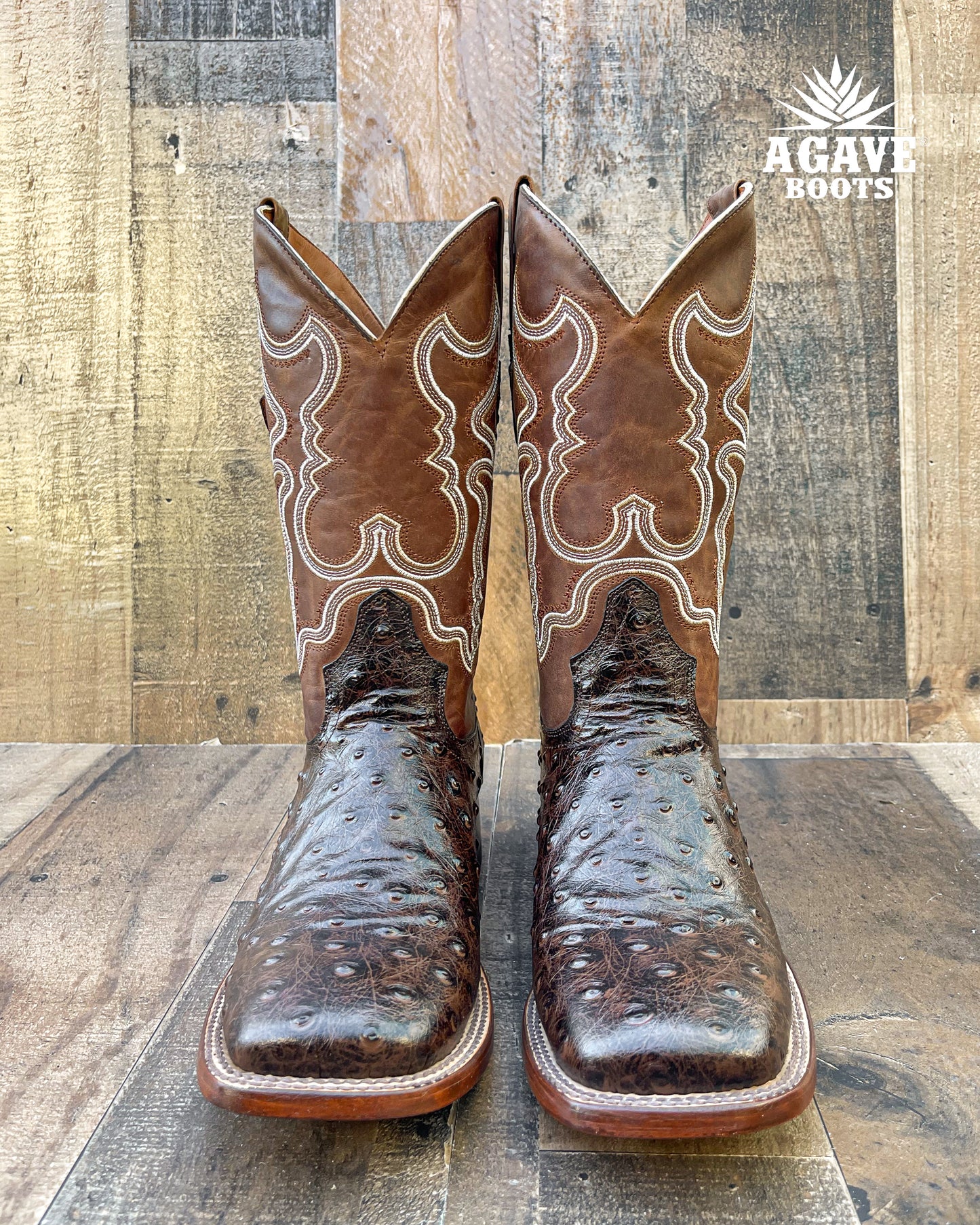 "RANCH" OSTRICH BROWN | MEN SQUARE TOE WESTERN COWBOY BOOTS